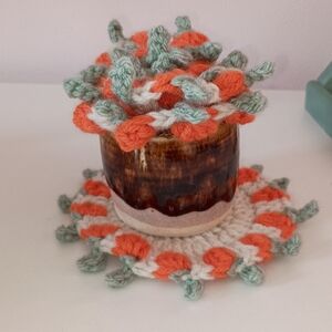 Sale! Set of 3 Pumpkin Trimmed Coasters With Handmade Pottery Pot